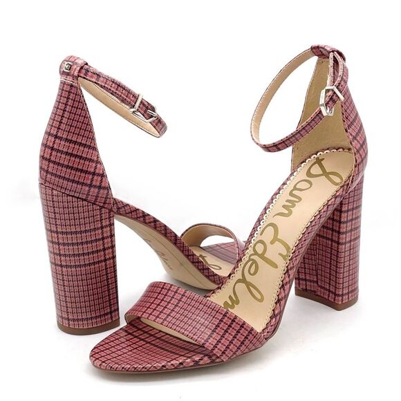 Sam Edelman Yaro Block Heel Ankle Strap Sandal Warm Pink Plaid Women’s Size 8.5 - Picture 3 of 16